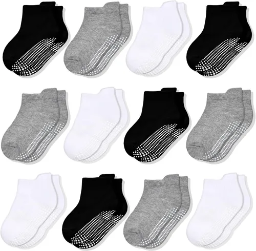 Vista 11 de ELUTONG - Calcetines antideslizantes para niños pequeños, paquete de 12 pares, calcetines de tobillo con agarre para bebés, niños y niñas de 0 a 7