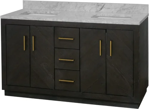 Vista 5 de Kitchen Bath Collection Peyton - Mueble de baño doble de 60 pulgadas (Carrara/roble oscuro): incluye gabinete de roble oscuro con impresionante