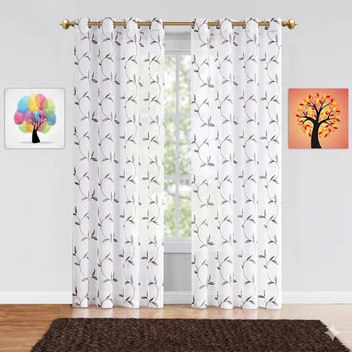 Vista 11 de Cortinas LinenZone de piso a techo para ventanas extra anchas. Cortinas transparentes blancas para divisores de habitación con bordado de hojas rosa