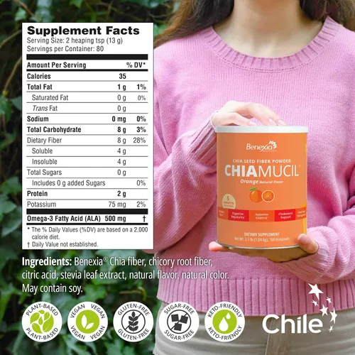 Vista 4 de Chiamucil Prebiótico Chia & Inulina Fibra en Polvo, Naranja, 80 Serv