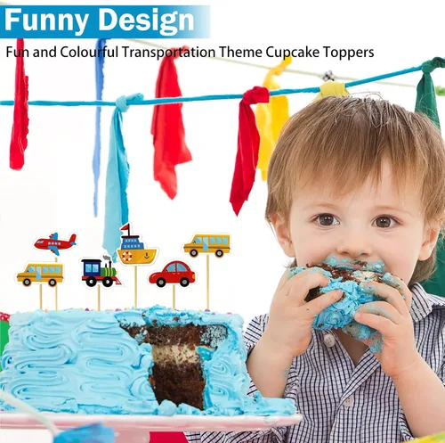 Vista 5 de Paquete de 30 adornos para cupcakes de transporte, para automóvil, camión, tren, avión, barco, fiesta, decoración de tartas para niños, cumpleaños