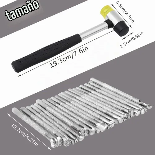 Vista 2 de Sellos de cuero, 21 piezas de herramientas de estampado de cuero con martillo de goma Sellos de cuero para el trabajo de cueros, kit de estampado