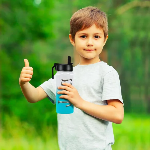 Vista 9 de Botella de agua personalizada para niños con tapa de popote en azul aguamarina degradado para la escuela, nombre personalizado para niños, 18 onzas