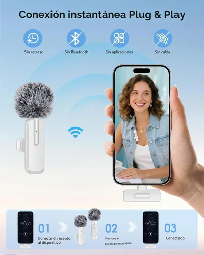 Vista 6 de Mini micrófono inalámbrico para iPhone, paquete de 2 micrófonos Lavalier para grabación de video, micrófono de solapa con reducción de ruido 2 en 1