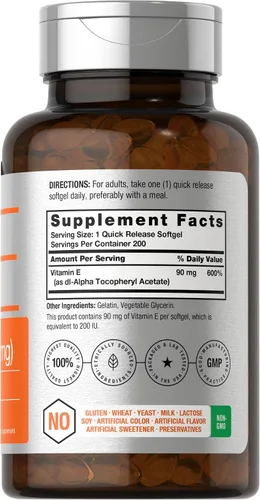 Vista 2 de Horbäach Vitamina E Softgel Cápsulas 200 UI Suplemento de 90 mg 200 unidades Fórmula sin OMG y sin gluten