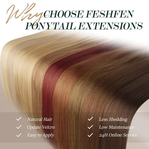 Vista 5 de FESHFEN Extensiones de Cola de Caballo - 24 Pulgadas de Largo Liso Rubio Dorado Envolvente Colas de Caballo Sintéticas Pieza de Cabello Extensiones
