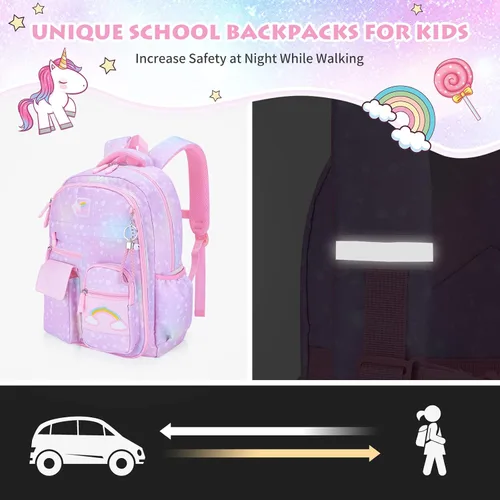 Vista 6 de Mochila para niñas, mochilas escolares de 16 pulgadas para niñas, bonita bolsa de libros para niñas, niños, estudiantes, escuela primaria, Púrpura