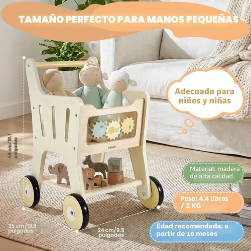 Vista 3 de Pithfor Carrito de compras de madera para niños, 3 en 1 caminante de madera para bebés, cochecito de muñeca de bebé, carrito de compras de juguete