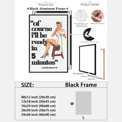 Vista 2 de Lienzo con citas divertidas para el baño, arte de pared retro de los años 70, póster de moda negro pin up girl bathroom print of course I 'll be
