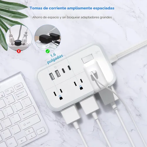 Vista 2 de NTONPOWER - Tira de alimentación con 6 salidas 4 estación de carga USB (2 puerto USB C), cable de extensión de enchufe plano de 5 pies, extensor