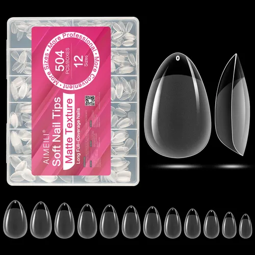 Vista 20 de AIMEILI 432 puntas de uñas postizas cortas de almendra, redondas, de cobertura completa, para extensión de uñas de remojo, uñas postizas acrílicas a