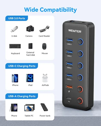 Vista 6 de Wenter Hub USB 3.0 alimentado, divisor de concentrador USB de 6 puertos
