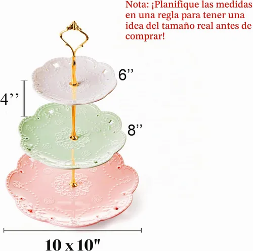 Vista 2 de Jusalpha 3-Tier porcelana china pastel soporte para postres, pasteles, fiesta de té, bandeja de servir, Dorado