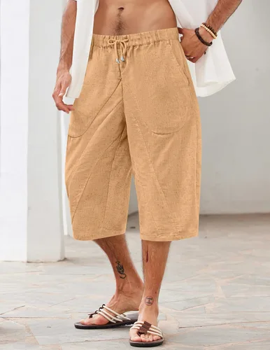 Vista 3 de COOFANDY Pantalones capri harén de lino para hombre, casuales, ligeros, con cordón, pantalones de yoga, holgados, 34, pantalones de playa