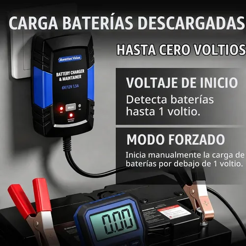 Vista 2 de Cargador de batería inteligente de 6 V y 12 V, mantenedor de Azul