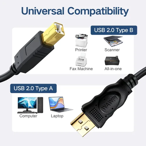 Vista 2 de Cable de impresora USB A a B para 20 pies, color negro