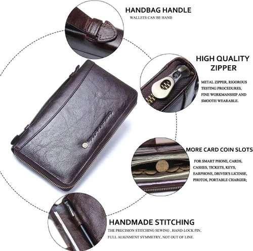 Vista 6 de CONTACTS Bolso de mano de cuero para hombre, cartera con cremallera, organizador de tarjetas de visita de gran capacidad con correa de cuero, bolso