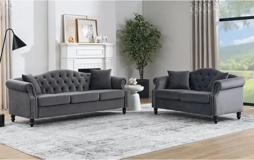 Vista 18 de Juego de Sofá Combinado de Terciopelo Chesterfield de 2 Piezas para Sala de Estar, Sofá de 3 Plazas y Loveseat con Tapizado Capitoné con 4