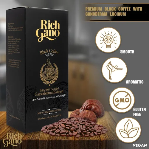 Vista 3 de Rich Gano Café de hongos – 30 sobres de café negro con extracto de ganoderma – Paquetes de café instantáneo veganos sin OMG – Café de ganoderma sin