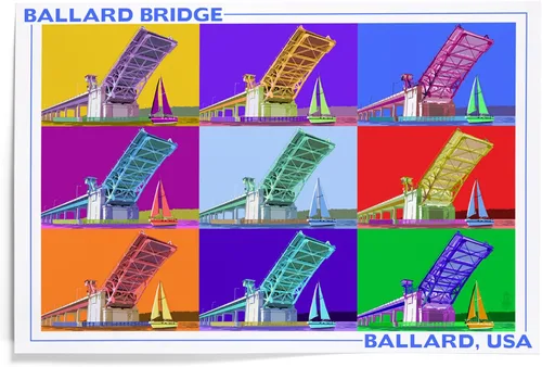 Vista 9 de Lantern Press Ballard Bridge, Seattle, WA, Pop Art, 8x12 Inch Art Print Wall Decor