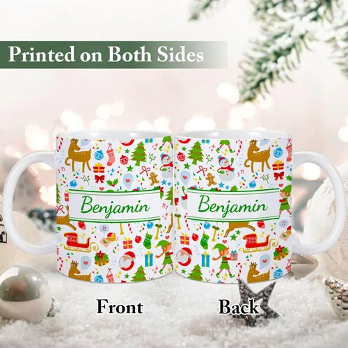 Vista 2 de Taza de cerámica de Navidad personalizada para niños, niñas, adultos con nombre personalizado, tazas de café de chocolate caliente, taza de té de 11