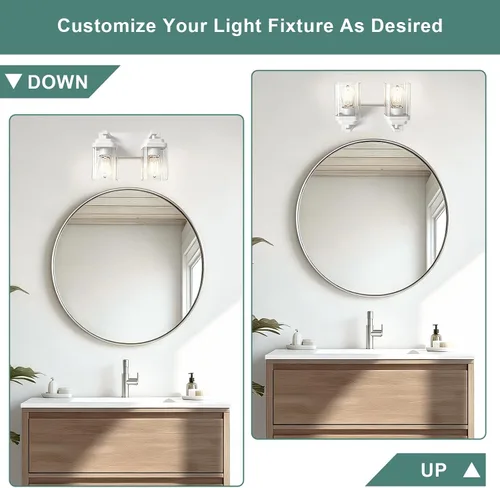 Vista 6 de Lámparas blancas para baño, 2 luces de baño, accesorios de iluminación sobre el espejo, diseño cuadrado y placa trasera grande rectangular