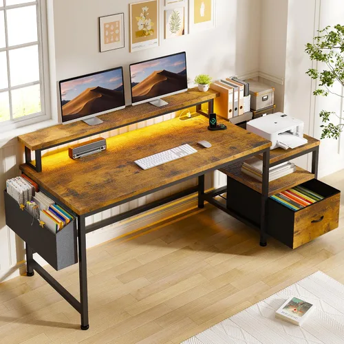 Vista 12 de EnHomee Escritorio para computadora de 57 pulgadas con cajones y espacio para impresora, escritorio de oficina con tomas de corriente, escritorios