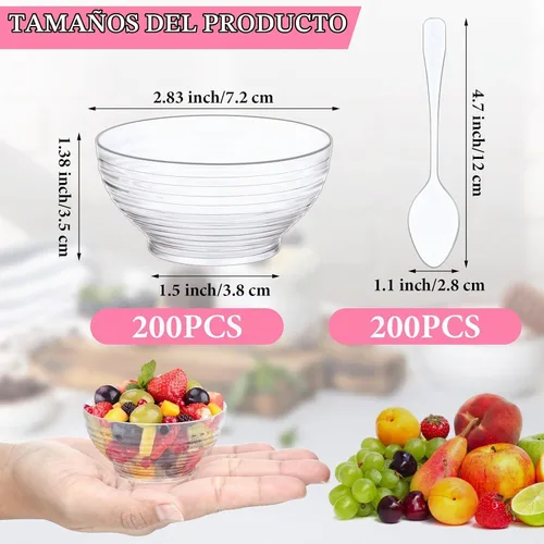 Vista 2 de Paquete de 200 tazones de postre transparentes de 3 onzas y cucharas