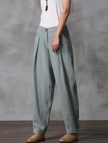 Vista 5 de Minibee - Pantalones informales de lino para mujer con cintura elástica y bolsillos