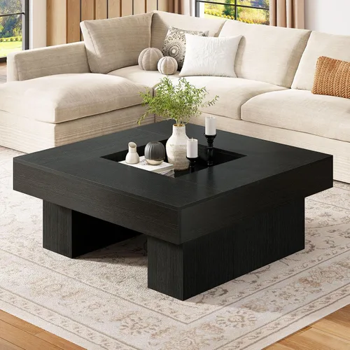 Vista 13 de LVB - Mesa de café negra, mesa de sala moderna de madera con LED y almacenamiento, mesa central única de gran tamaño y forma rectangular con luz