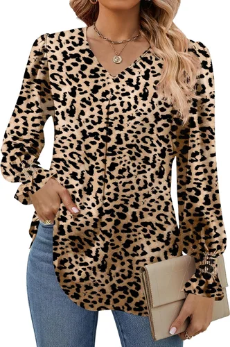 Vista 12 de Funlingo Blusas de mujer con mangas largas 2025, elegantes y casuales, con cuello en V, túnica suelta de gasa para el trabajo