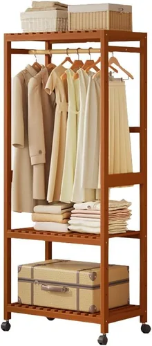 Vista 9 de Wooden Clothes Rail with Shelves,Bamboo Clothes Rack,Portable Open Wardrobe,Free Standing Clothes Rails for Bedroom,Garment Rack with 2 Storage