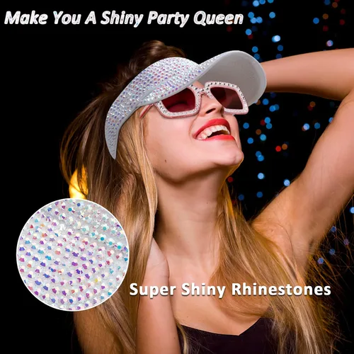 Vista 3 de Peicees Viseras brillantes con diamantes de imitación con lentes de sol cuadrados brillantes para mujeres y niñas, gorra deportiva para playa