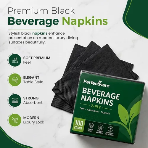 Vista 3 de Perfectware Servilletas de bebidas negras de 2 capas, 100 unidades, servilletas de cóctel suaves y absorbentes, servilletas desechables de fiesta
