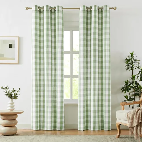 Vista 33 de Amzdecor Cortinas a cuadros con ojales de búfalo de 54 pulgadas de largo, cortinas texturizadas semitransparentes para sala de estar, dormitorio