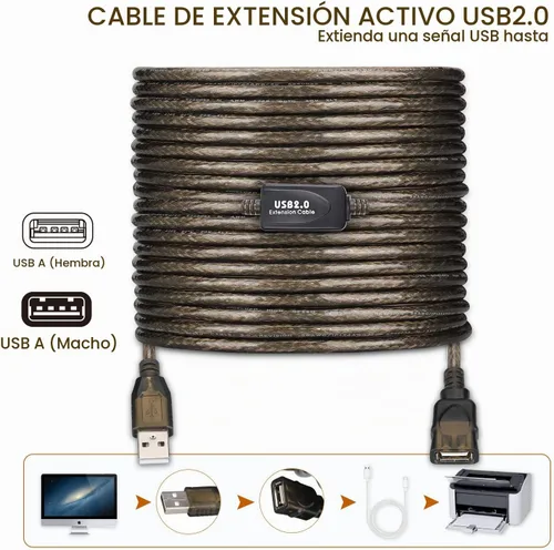 Vista 5 de Cable de extensión USB 2.0 tipo A macho a hembra repetidor activo de 50 pies, alta velocidad 480 Mbps Transparente negro
