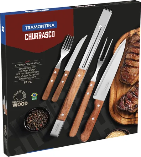 Vista 2 de Tramontina 22399/028 Herramientas de cocina para barbacoa con mango de madera natural dinámico Juego de 15 herramientas Churrasco Durable Acero