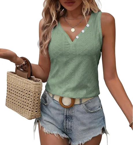 Vista 2 de KILISU Camisetas sin mangas para mujer, con bordado, con ojales, holgadas, color sólido, blusas elegantes
