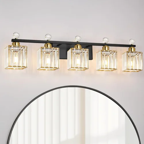 Vista 12 de Lxybcce Moderna lámpara de tocador de baño de cristal, 14 pulgadas, 2 luces, accesorios de luz negra sobre el espejo, fácil instalación e