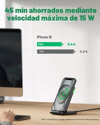 Vista 2 de INIU Cargador inalámbrico, estación de carga rápida Qi certificada de 15 W con luz adaptativa amigable para el sueño compatible con iPhone 17 16 15