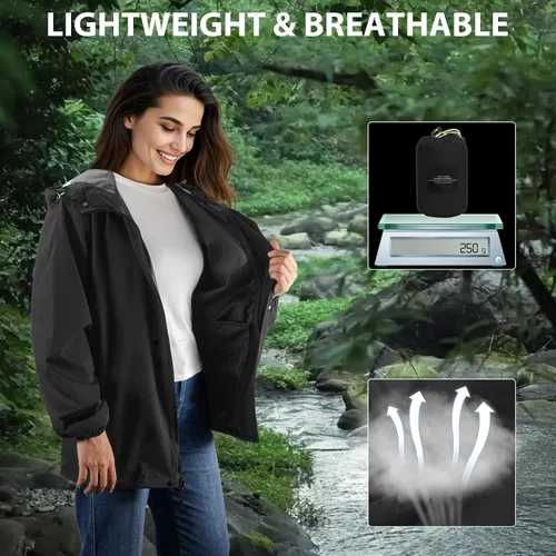 Vista 2 de LAMA Chaqueta impermeable ligera para mujer, rompevientos con capucha, protección solar, impermeable plegable con bolsillo