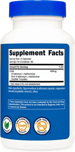 Vista 4 de Nutricost SAM-e (S-Adenosil-L-Metionina) 400 mg por porción, 60 porciones, 200 mg por cápsula, 120 cápsulas – Sin OMG, Sin gluten Same, Vegetariano