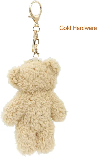 Vista 4 de Llavero de peluche de oso de juguete para niños con corazón morado de 5 pulgadas de peluche, mochila con colgante de regalo para niñas (A-marrón)