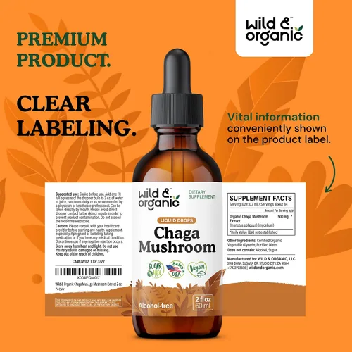 Vista 9 de Wild & Organic Tintura de hongos Chaga - Apoyo inmunológico con extracto líquido de hongo Chaga - Suplemento de gotas de inmunidad - Vegano, sin