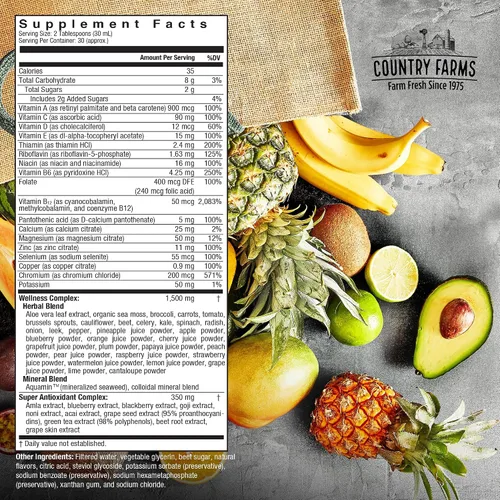 Vista 2 de Country Farms Multivitamínico líquido, vitaminas y minerales para apoyo inmunológico y energía, mezcla de hierbas, vegano, multivitamínico