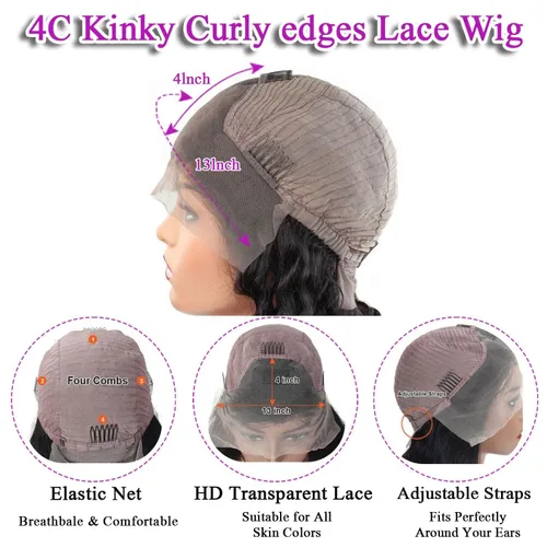 Vista 5 de Peluca de encaje frontal de 13 x 4 pulgadas, con bordes rizados, 4C, pelucas de cabello humano para mujeres negras, sin pegamento, encaje HD