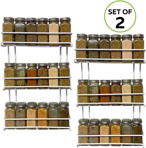 Vista 3 de Evelots Paquete de 2 estantes para especias de 3 niveles - Montado en puerta/pared - Metal con revestimiento resistente - Para hasta 36 botellas