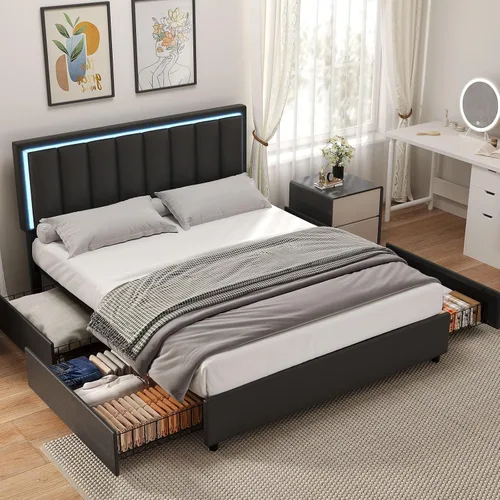 Vista 8 de IMMERSTABLE Base de cama tamaño Queen con cabecero y 4 cajones de almacenamiento, plataforma tapizada de piel sintética con luces LED, listones