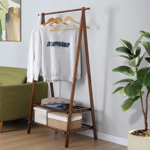 Vista 3 de Jotsport Perchero de bambú plegable para colgar ropa con estante de almacenamiento de 2 niveles para lavandería, habitación de invitados