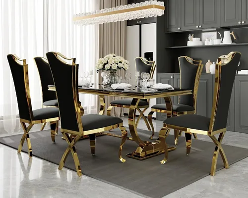 Vista 4 de ACEDÉCOR Juego de mesa de comedor de 5 piezas, mesa de comedor moderna con base en U de metal de acero inoxidable dorado, 4 sillas de comedor